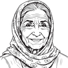 Wisdom and Grace: An illustration depicting a serene elderly woman, draped in a headscarf and etched with the lines of a life fully lived. The gentle curve of her smile reflects years of experience.