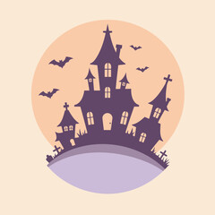Silhouette of a haunted castle with surrounding graveyard under a full moon. Spooky Halloween scene in a graphic design element.
