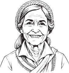 Smiling Portrait: A detailed illustration of an elderly woman with a radiant smile, her eyes crinkling with joy, and a warm, inviting presence.