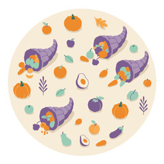 Thanksgiving cornucopia filled with assorted fruits and vegetables displayed in a circular pattern on a light beige background. Colorful autumnal harvest elements arranged artistically.