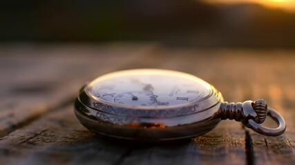 Vintage pocket watch resting on wooden surface during sunset, capturing timeless elegance in nature - Powered by Adobe