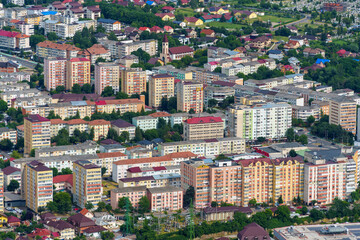 panoramic view from above on the street of city Piatra Neamt, Romania, city architecture, urban landscape