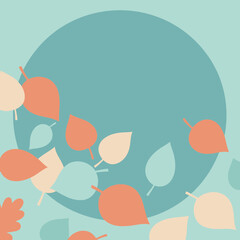 Autumnal leaves in pastel colors scattered on a teal background with a circle shape. Abstract, flat design for a social media post or advertisement.