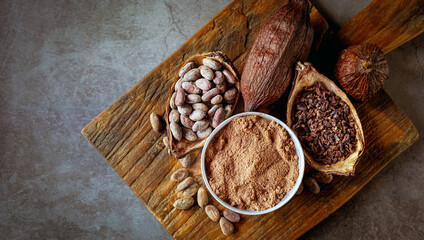 Top view of cocoa powder with cocoa bean and cocoa nibs, cacao pods on gray background