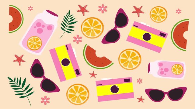A playful seamless loop animation featuring summer-themed items like juice boxes, sunglasses, fruits, and leaves floating in a fun scattered pattern.