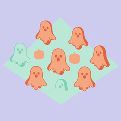 Cute ghost and pumpkin pattern design for Halloween. Isometric style ghosts and pumpkins on a pastel purple background.