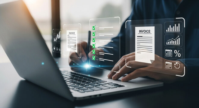 Photo of a professional reviews financial data and invoices on a laptop with a futuristic digital interface