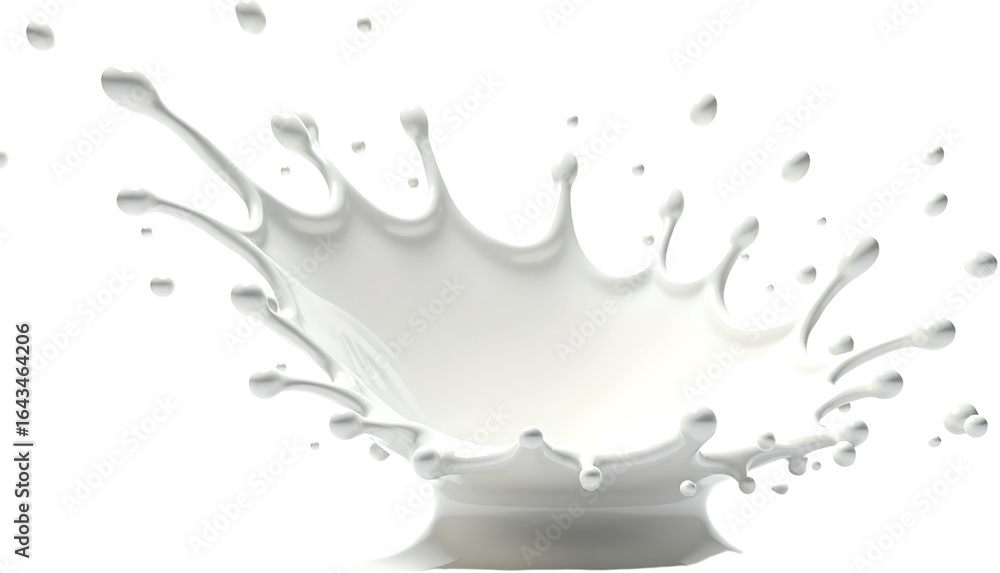 Poster an artistic and dynamic milk splash creating a visually captivating moment, milk droplets spreading 