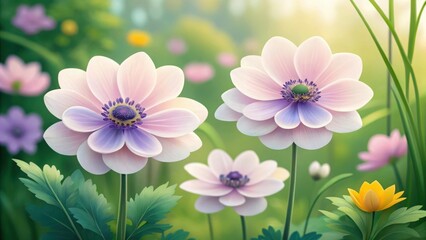 Delicate pastel anemone flowers bloom in a softly lit garden