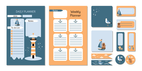 A set of nautical stickers for a daily planner and to-do list for the day and week with cute characters, a lighthouse, a sailboat, and other nautical elements. Vector design.