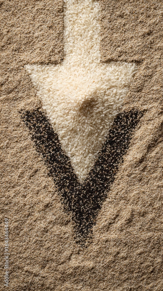 Poster rice and grains arranged in arrow shape on textured background emphasizing direction and contrast in