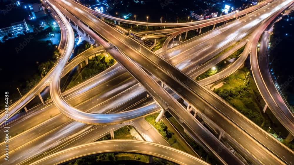 Poster aerial view of illuminated highway overpass at night with dense traffic and intricate road networks