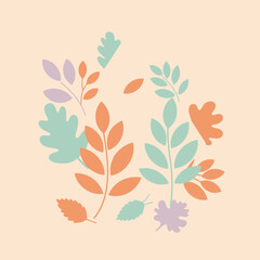 Abstract design of various colored leaves in a geometric composition. Flat lay arrangement of stylized foliage on a light beige background.