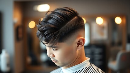 A professional barber focused on hairstyling, captured in a clean composition with warm side lighting.