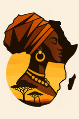 A silhouette of an African woman wearing a traditional headwrap and jewelry, set within the outline of the African continent.  