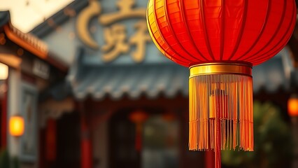 Vibrant red lantern with golden tassels against blurred courtyard, glowing with festive national symbolism.
