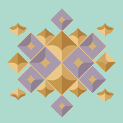 Geometric tile pattern in muted gold and lavender tones on a mint green background. Abstract design with layered diamond shapes forming a repeating motif.