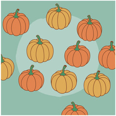 Pumpkin pattern with muted tones on a pastel background. A collection of stylized pumpkins in a repeating pattern against a light teal background with a subtle floral design.