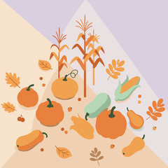 Autumnal harvest scene with pumpkins, gourds, and corn displayed in an isometric design. Colorful fall produce with neutral background.