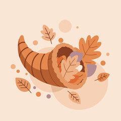 Autumnal cornucopia filled with colorful leaves in a decorative arrangement. A festive and cheerful design with a gentle autumnal color palette.