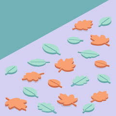 Autumnal leaf design with pastel colors in a flat lay style. Colorful, 3D leaves arranged on a light purple background with a teal accent.