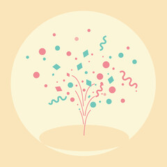 Colorful celebratory firework display graphic design with pastel colors. Abstract firework explosion with various confetti shapes and ribbons on a pale beige background.