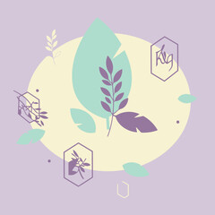 Abstract botanical design featuring pastel leaves and branches in a minimalist style. Modern aesthetic with a soft color palette on a light purple background.
