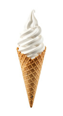 Photo of soft serve vanilla ice cream in a waffle cone, on white