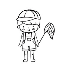 Cartoon Drawing of a Boy Holding a Net Wearing Overalls and Cap