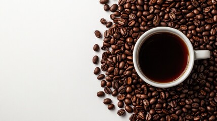 Naklejka premium White coffee cup filled with dark liquid surrounded by coffee beans on white background