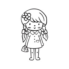 Cute Cartoon Girl in Dress Line Art Illustration for Coloring
