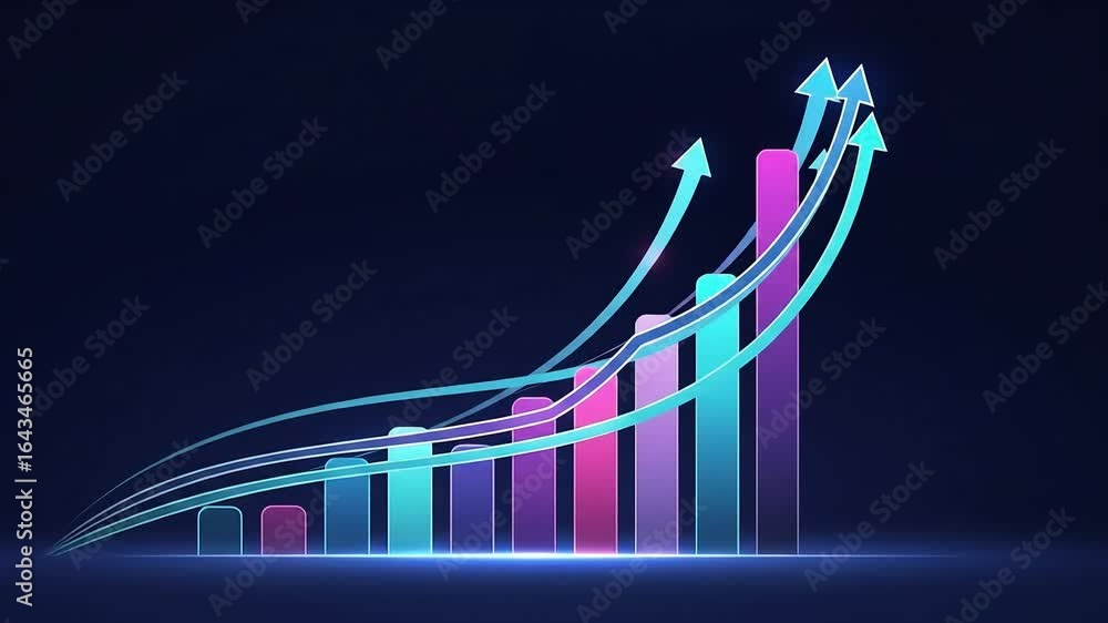 Poster abstract representation of ascending bar graphs with colorful arrows indicating growth trends