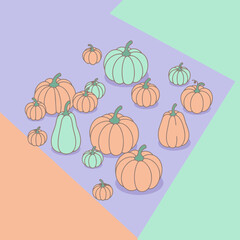 Aesthetic pumpkin illustrations in pastel colors on a geometric background. Various sizes and shades of pumpkins in a stylized, flat lay arrangement.