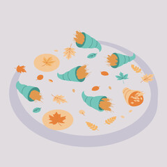 Autumnal cornucopia display on a pale cream platter with fall leaves and grains. Abundant harvest bounty. Graphic design for Thanksgiving or autumn theme -