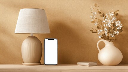 Beige lamp, smartphone, and vase with flowers on a wooden shelf.