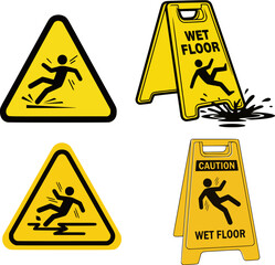 A yellow wet floor sign with a black silhouette of a person slipping and falling on the floor surface