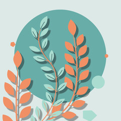 Abstract botanical design with soft color palette. Stylized leaves with a paper cut effect and muted teal, light peach, and pale blue tones.