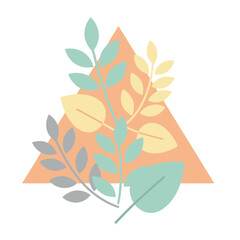 Abstract arrangement of pastel leaves in a triangular shape against a white background. Simple, graphic design with soft color palette and minimalist style.