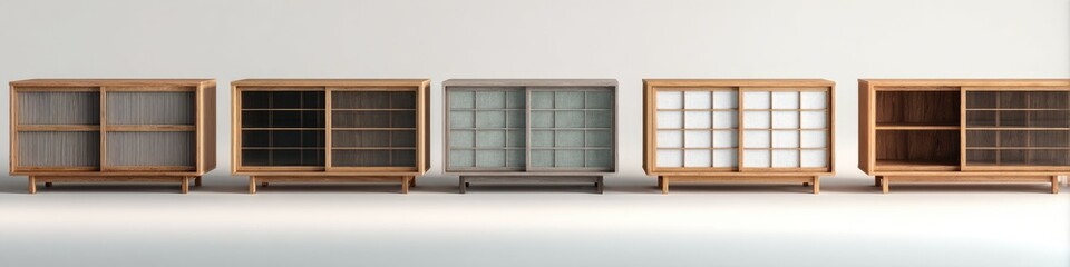 Multiple light-brown wooden cabinets with sliding doors
