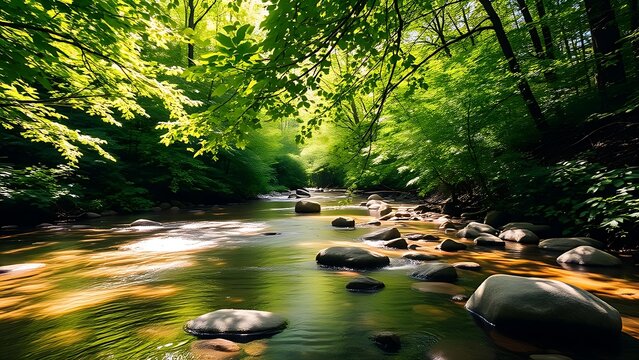 A serene forest stream with clear water and dappled sunlight filtering through lush green foliage, capturing nature's peaceful beauty.