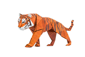 Striking origami tiger with geometric facets and stripes on transparent background