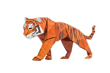Striking origami tiger with geometric facets and stripes on transparent background