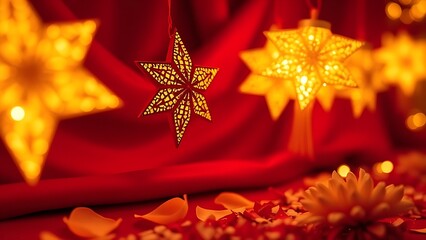 Golden star lanterns glowing against red silk, with scattered chrysanthemum petals for a festive touch.