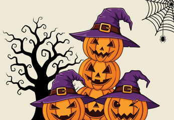 Charming Halloween illustration of stacked Jack-o'-lanterns wearing purple witch hats, with a spooky tree and spider web.