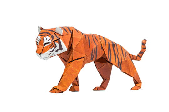 Striking origami tiger with geometric facets and stripes on transparent background