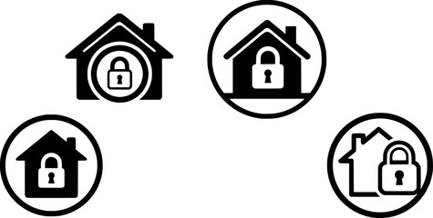 Black silhouette of a house with a padlock inside a circle indicating home security 