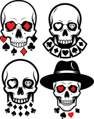 Obraz premium Black and white skull with heart and diamond eyes and playing card suit symbols 