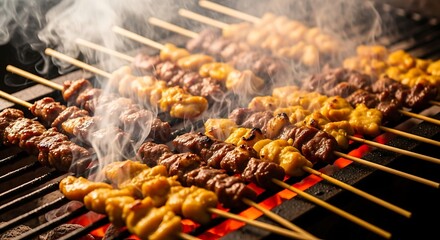 Exquisite smoky barbecue skewers sizzling on grill, a culinary masterpiece tempting taste buds