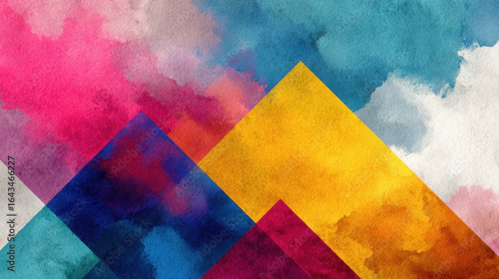 Poster vibrant abstract watercolor background with colorful geometric shapes and soft cloud textures for ar