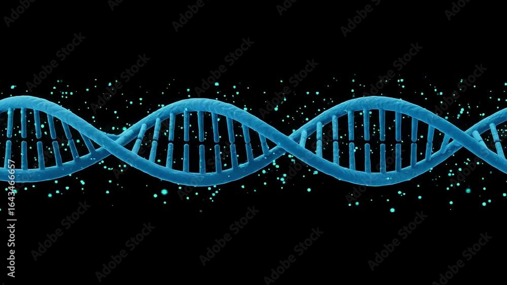 Poster abstract representation of a dna double helix in vibrant blue against a dark background with particl